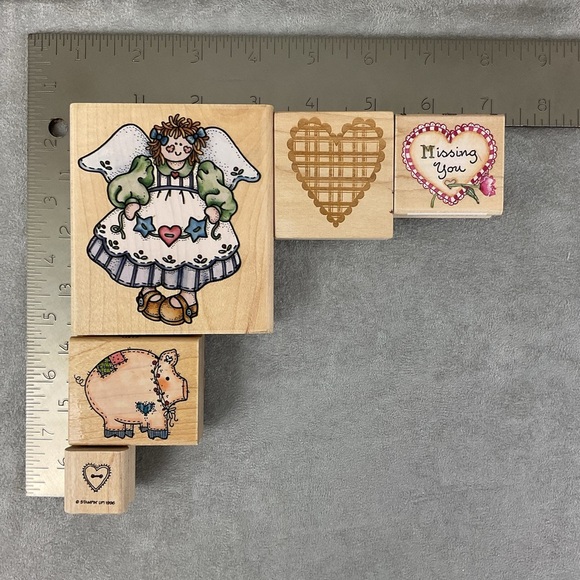 Vintage country folk angel patchwork pig scalloped hearts rubber stamps - Picture 4 of 5